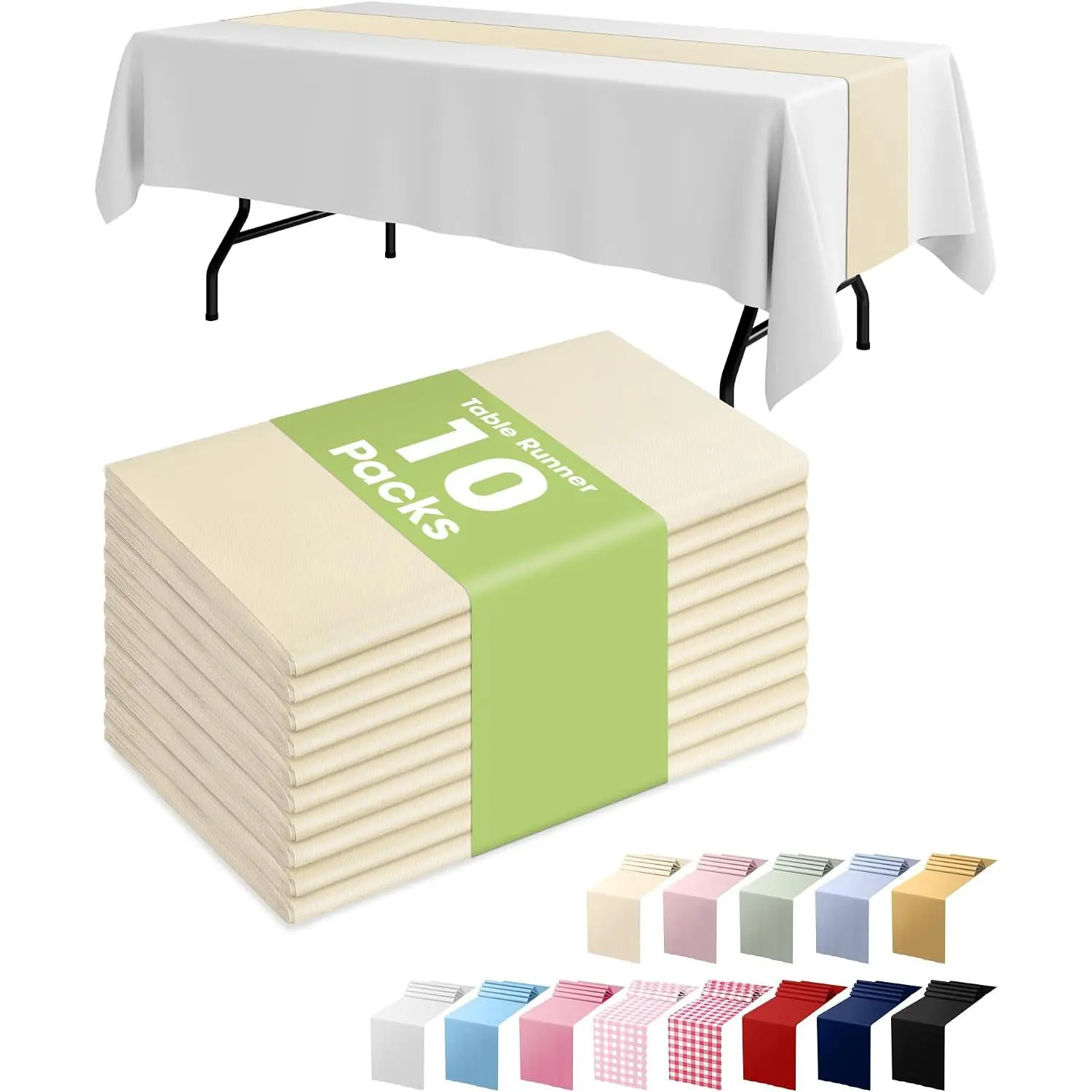 Plastic Table Runners - 10 Pack, 14'' x 108'', Water Resistant & Disposable Cream Centerpiece Decorations for Table Cloth, Wedding, Birthday, Holiday,  Shower, Beige  Decor