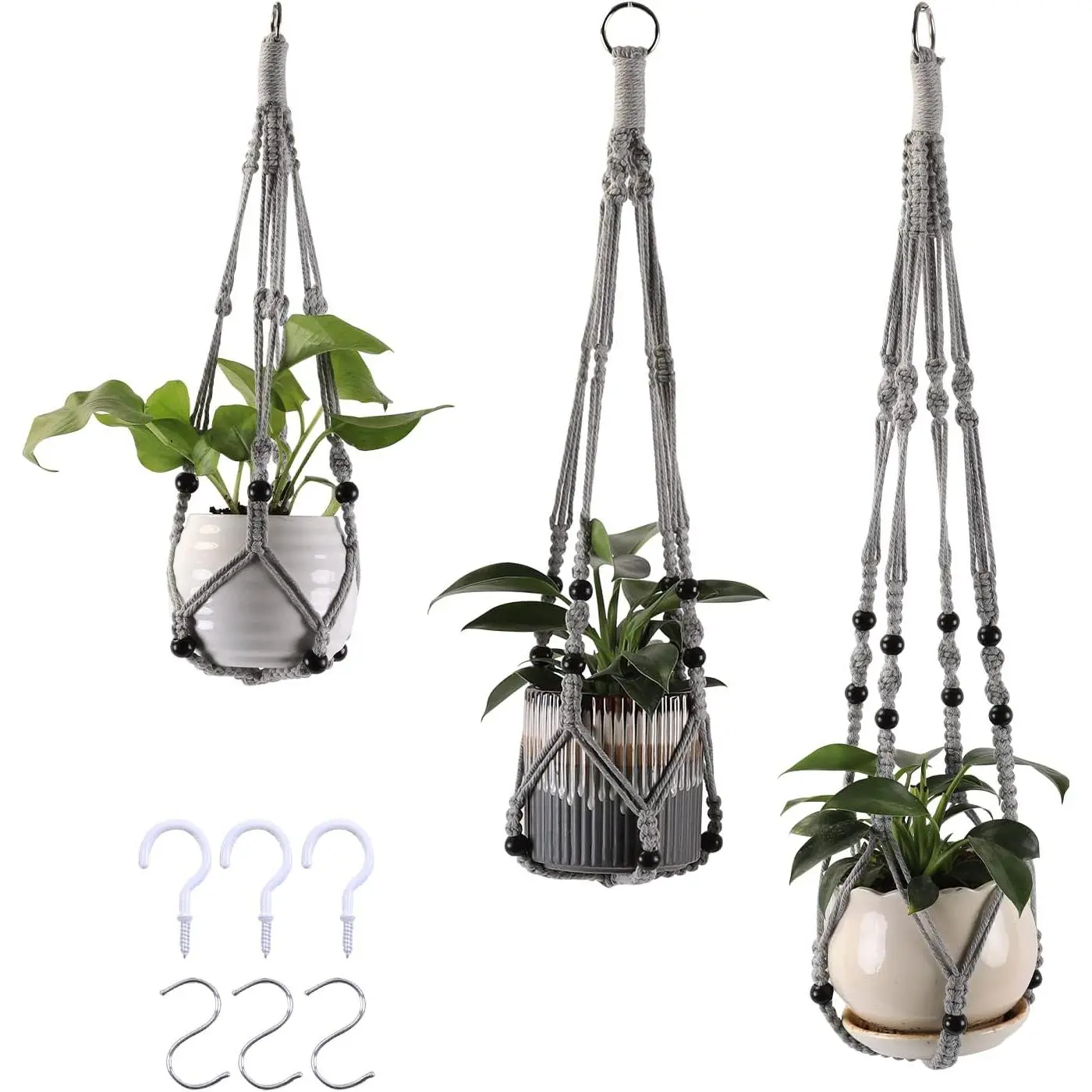 3-Pack Macrame Plant Hanger Indoor - Hanging Planter Basket for Indoor Outdoor - Decorative Boho Plant Holders Set with Beads - Ceiling Flower Pot Holder with 6 Hooks - 35"/30"/24" Gray