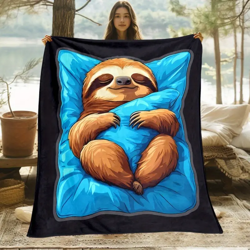 1 single sloth bear holding a blue pillow blanket - a light flannel blanket perfect for sofas, beds, travel, camping, living rooms, offices, chairs, and beds - (available in four sizes)