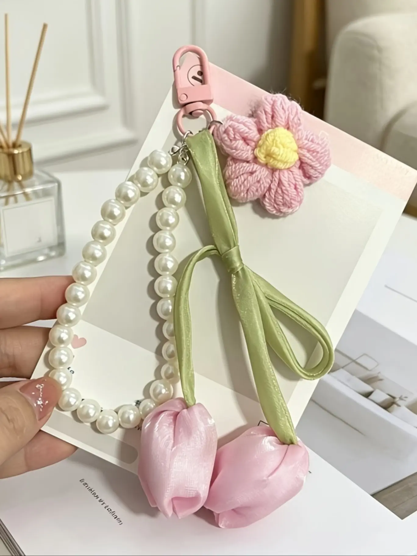 French Satin Ribbon Fabric Tulip Keychain Pendant,Crocheted Flower Keychain,Faux Pearl Chain Tulip Flower Bag Charm,Floral Wristlet Keyring,Keychain for bags,Handbag Charms,Backpack Accessories