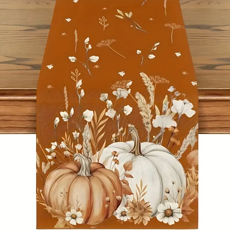 Silver Color Autumn Pumpkin Leaf Floral Table Runner, Washable Durable Polyester, Ideal for Home Parties, Coffee Bars, Festive Decorations