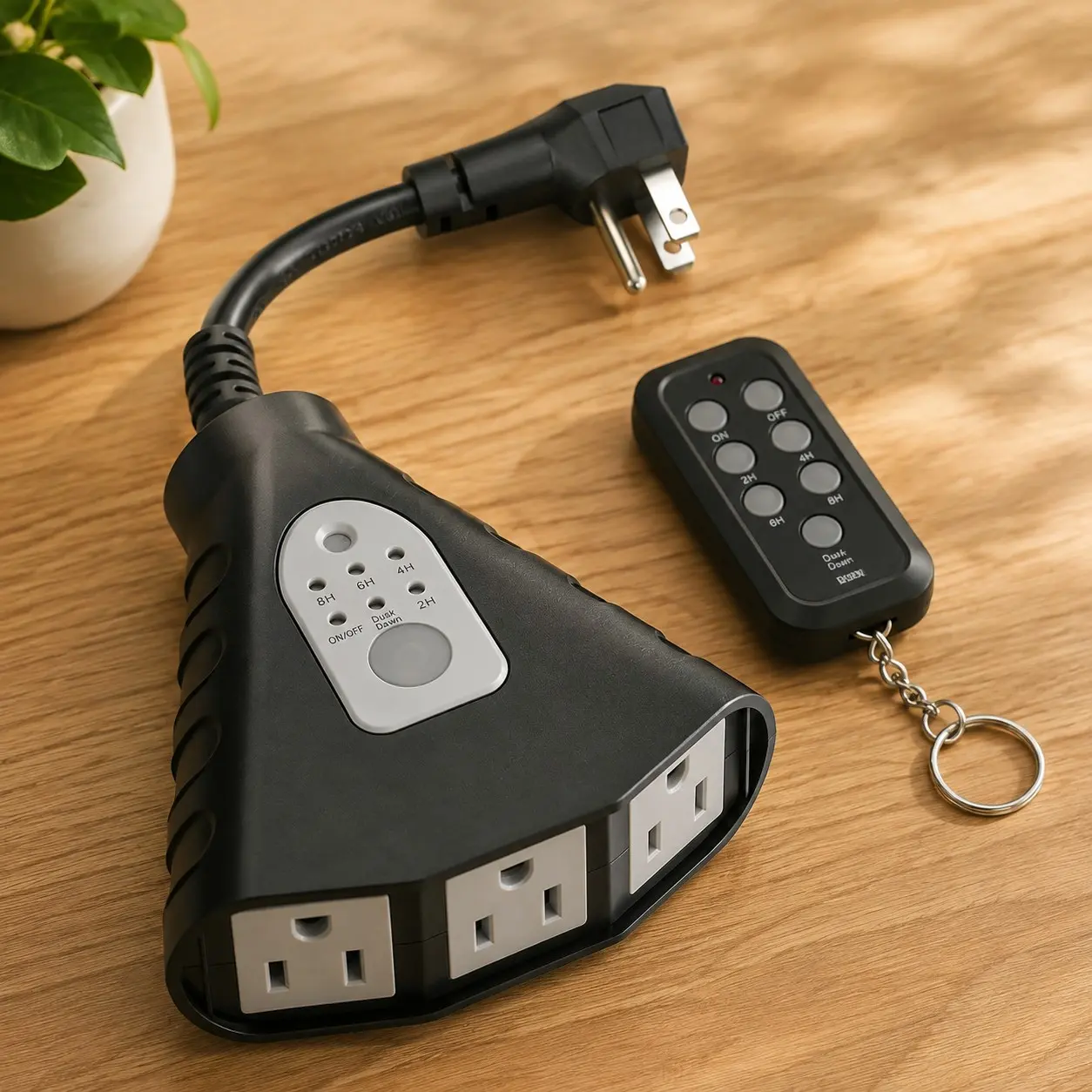 Outdoor Light Timer with Remote Control, Waterproof 3 Ground Outlets, Dusk to Dawn Sensor and Countdown Timer, 100 ft Range, ETL ListedGift