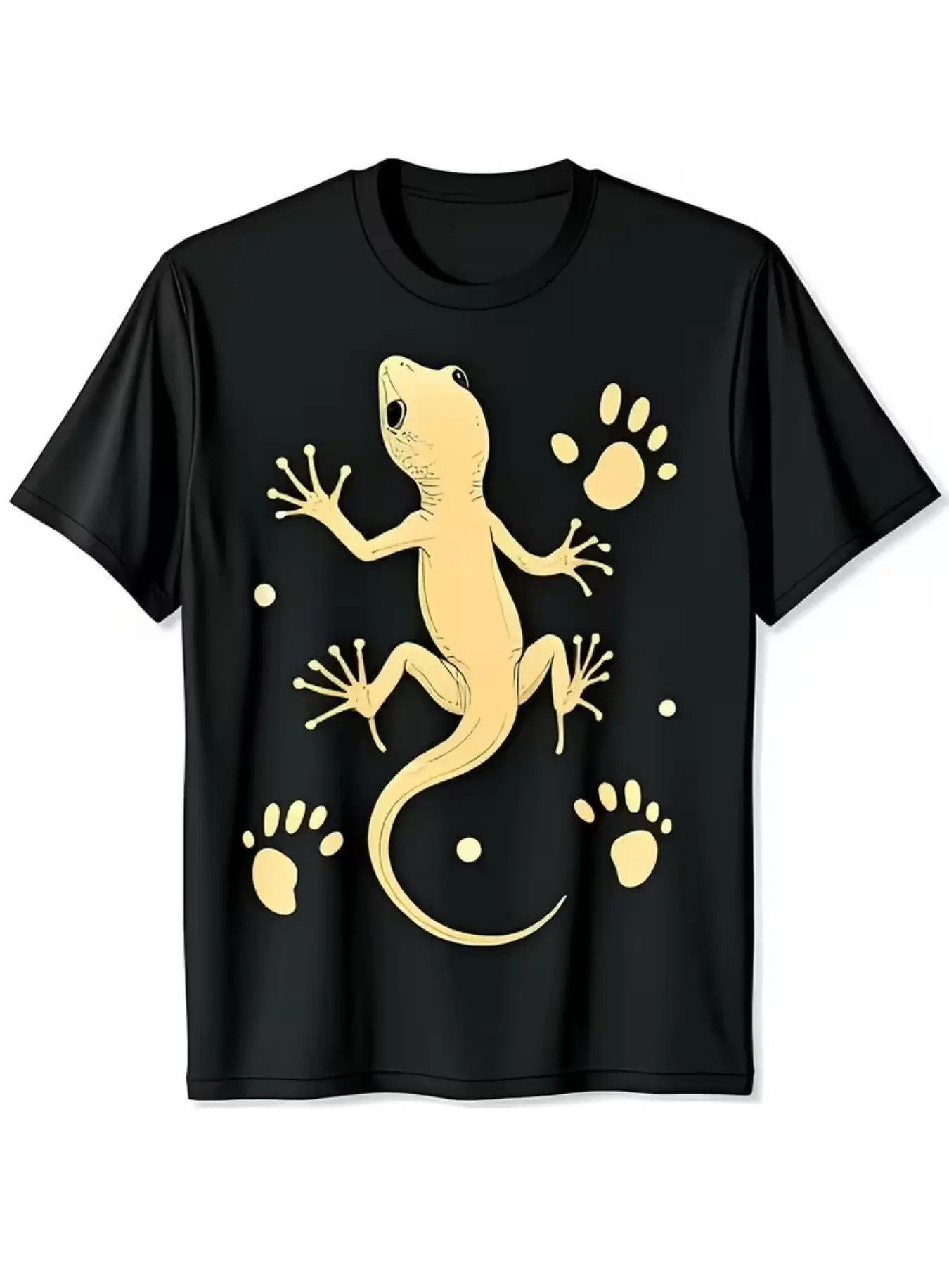 Unisex Light Gold Gecko Print Short Sleeve T-Shirt, Creative Animal Theme Round Neck Top, Daily Wear for Reptile Lovers
