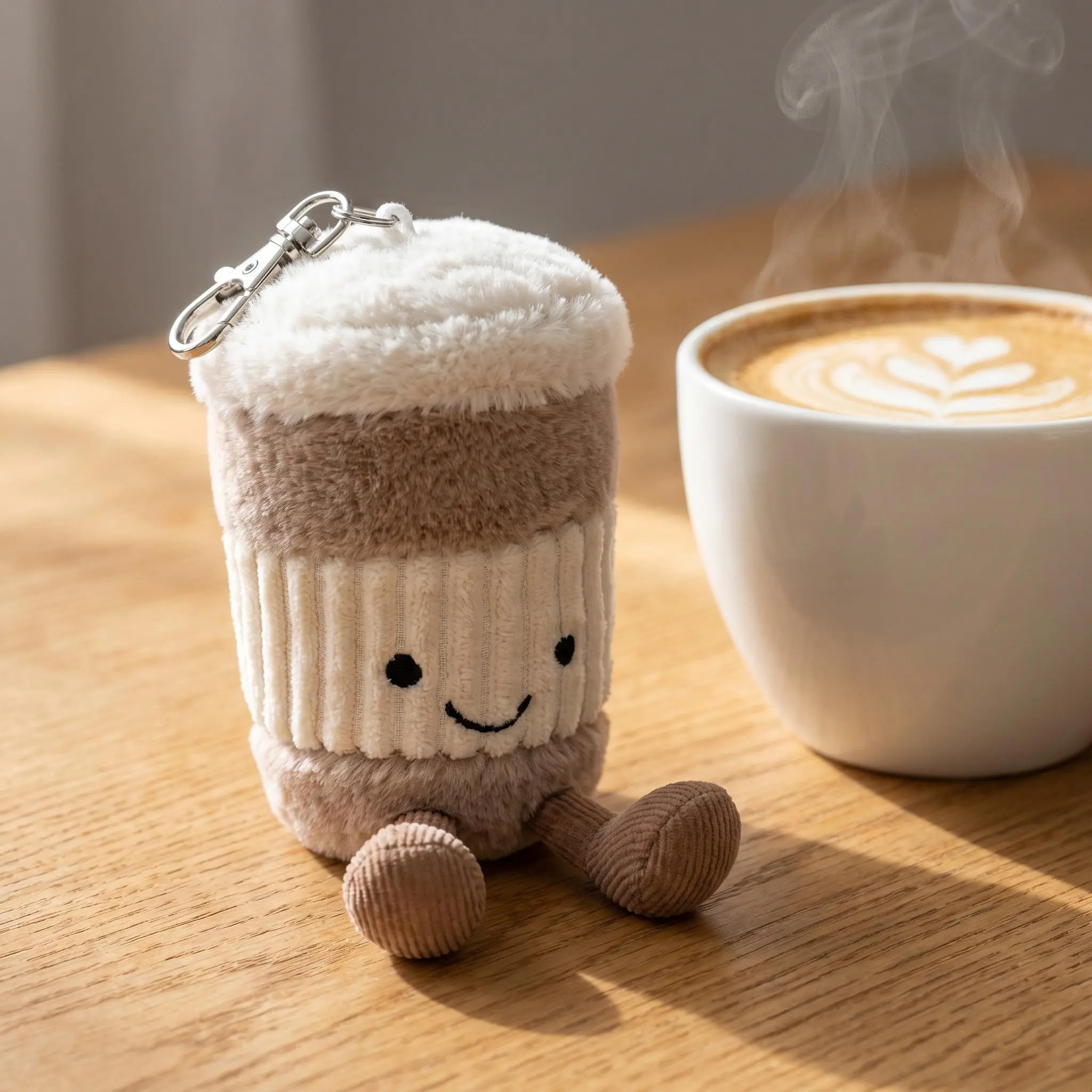 Cute Coffee Cup Plush Keychain Bag Charm, Smiling Latte Backpack Pendant Plushie, Aesthetic Key Ring Gift for Coffee Lovers