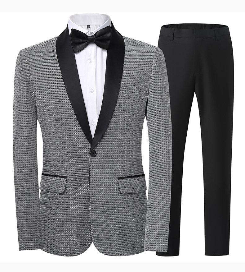 Men's Slim Fit Groom Tuxedo Suit  Korean Style Wedding Blazer & Pants Set, Business Casual Plaid Suit