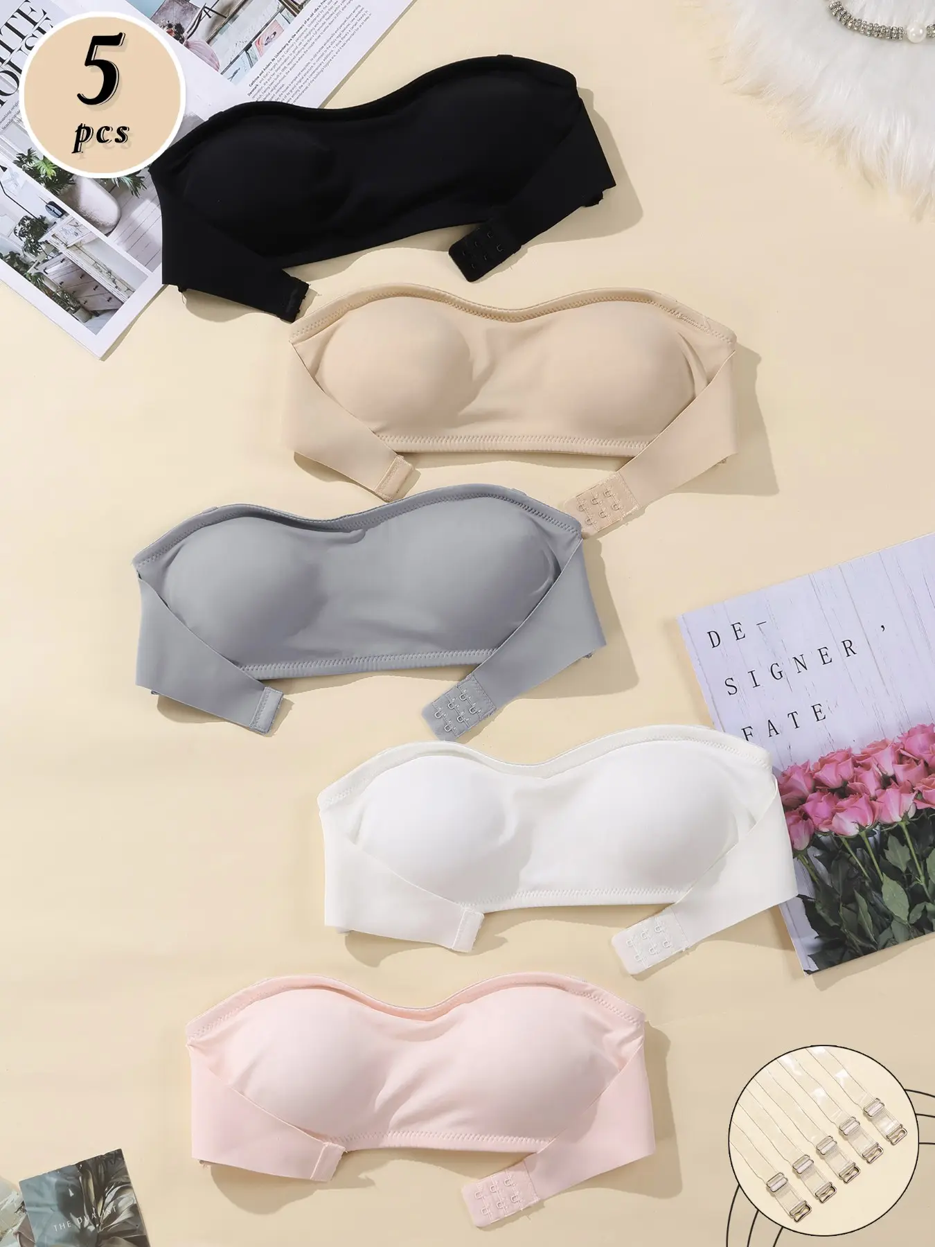 5-Pack Multi-Color Wireless Multiway Strapless Bra. Front Buckle Design, Backless Bra Cups, Invisible Anti-Slip Strips, With Clear Shoulder Straps, Multiple Ways To Wear, Suitable For Daily Dating & Commute.