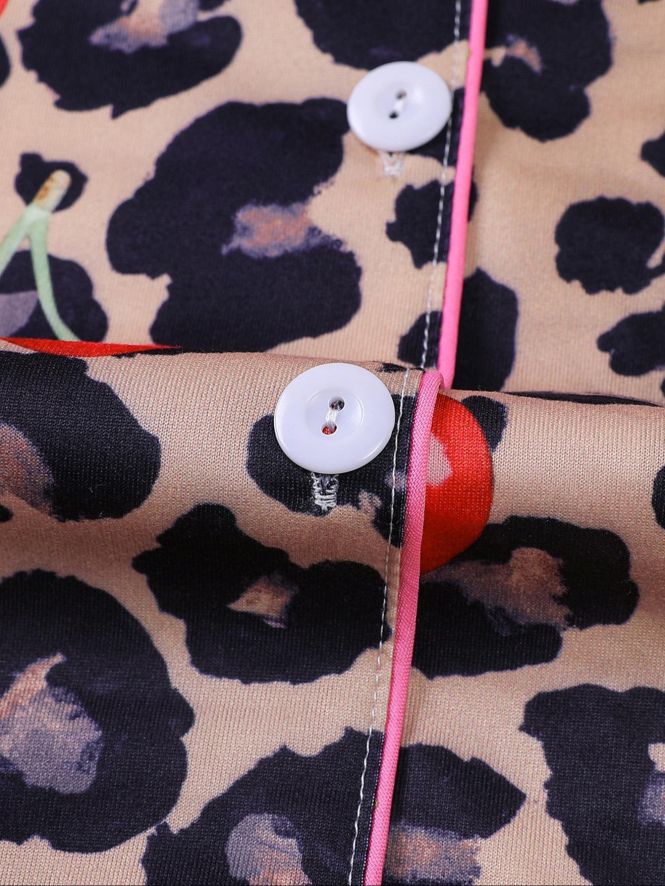 【Pink cherry】Women's Leopard Print Cherry Bow Sleepwear Set, Short Sleeve Button Front Top & Elastic Shorts, Casual Home Wear, Party