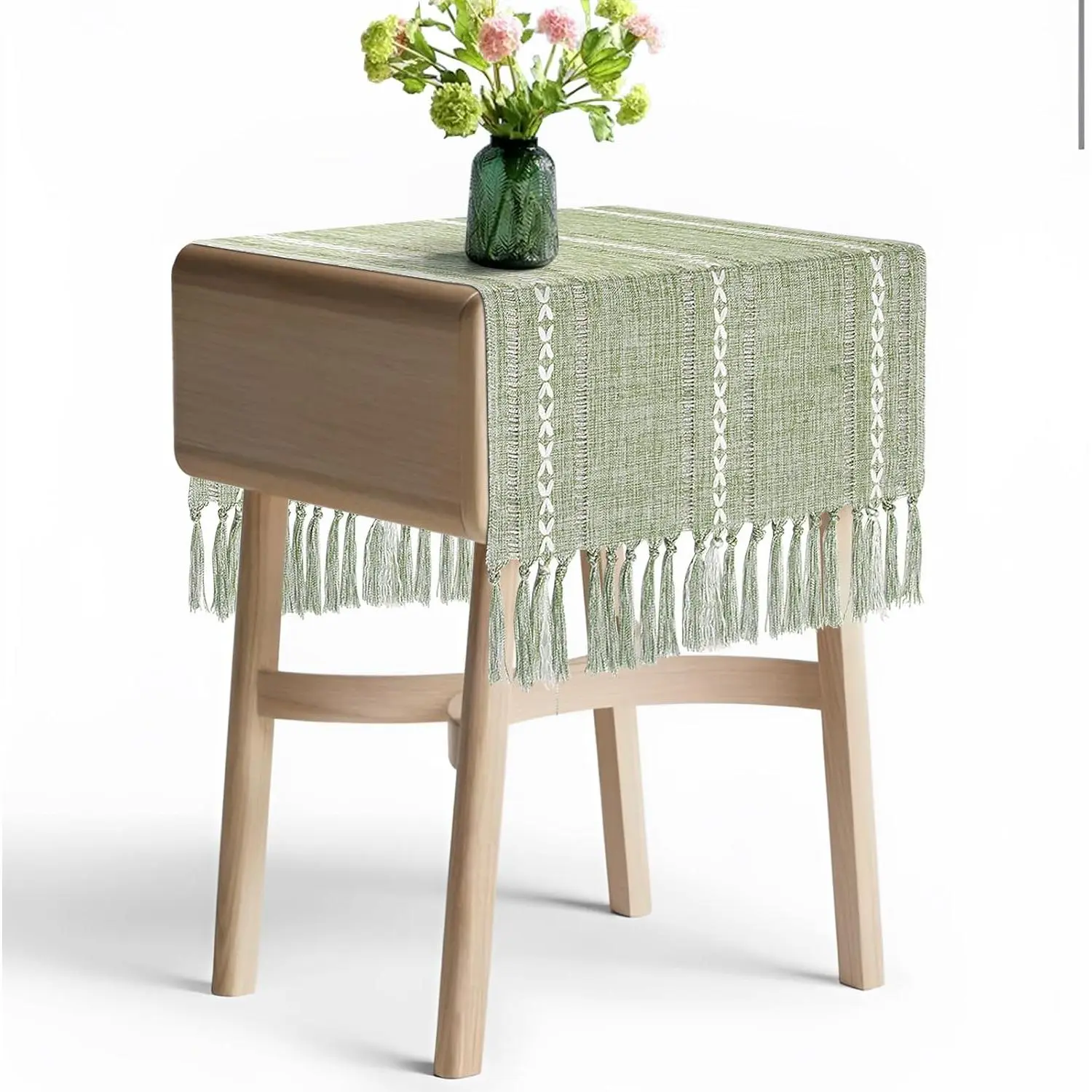 Boho Table Runner Short 15.7 x 36 inch, Spring Sage Green Coffee Table Cover, Green Linen Small Table Cloth, Dresser Runner Scarf for Nightstand, Bedside End Table, Rustic Farmhouse Summer Home Decor