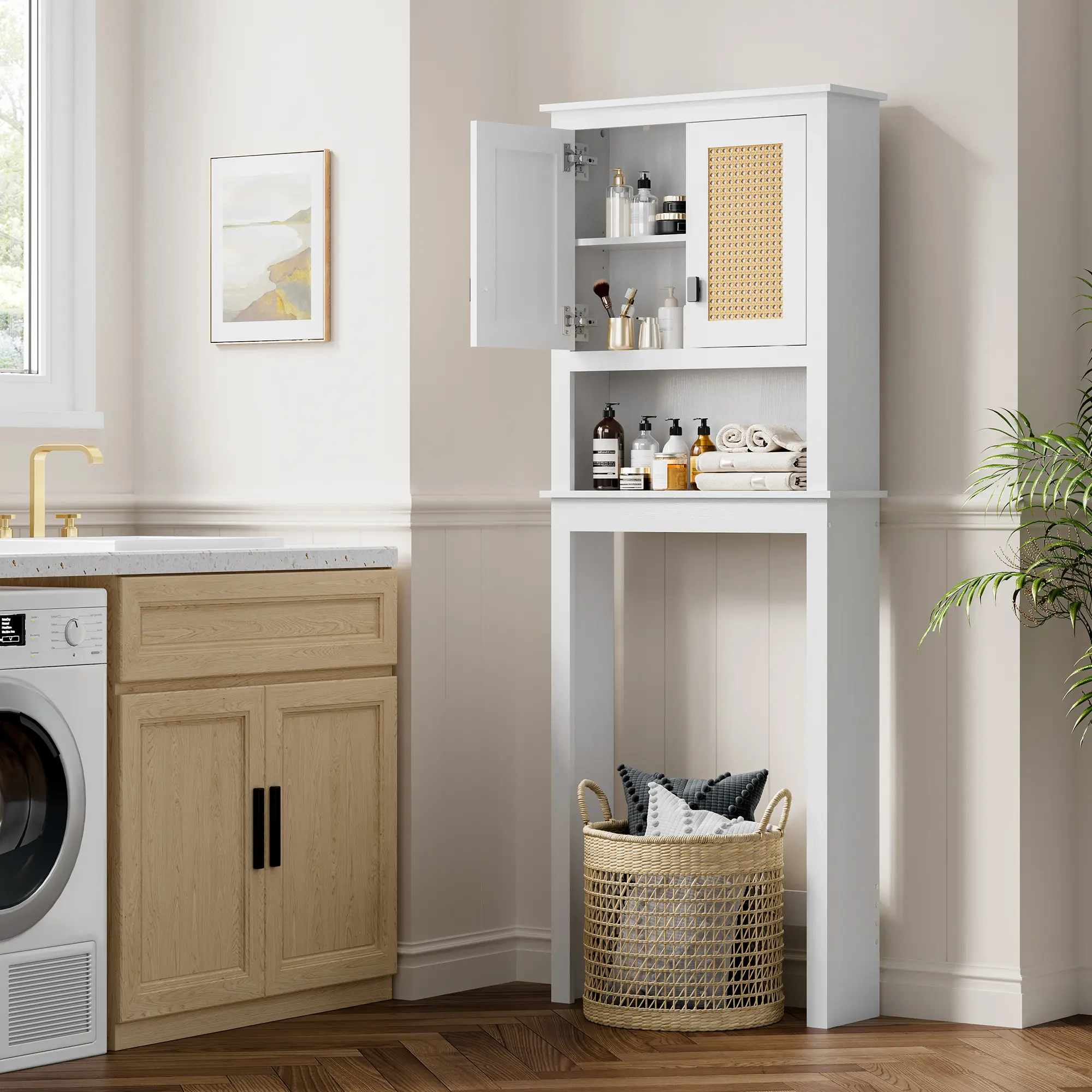 Space-Saving Over the Toilet Storage Cabinet – Rattan Doors, Adjustable Shelf, Freestanding Wooden Bathroom Organizer – Above Toilet Storage Rack for Bathroom, Laundry Room, Toilet Paper & Basic