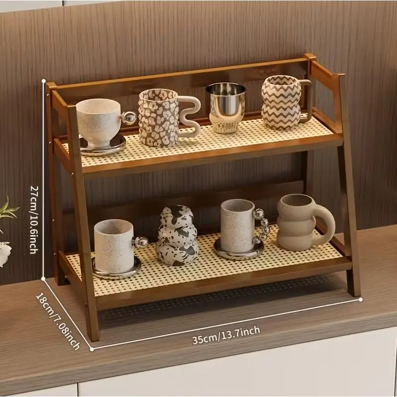 Bamboo Double-Layer Storage Shelf - 1-Piece Sturdy A-Frame, Lightweight, Decorative, Space-Saving Home Organizer with Screws Included, Easy Installation for Kitchen Countertops, Room, Wood, Minimalist