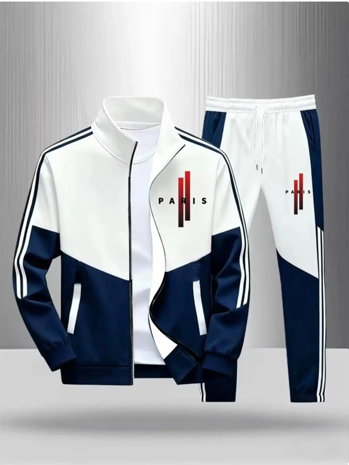 Men's 2-Piece Sportswear Set, Navy Color Block Stand Collar, Zipper Jacket, Tie-Back Long Pants, Paris Letter Print, Casual Fitness Wear, Workout Matching Sets