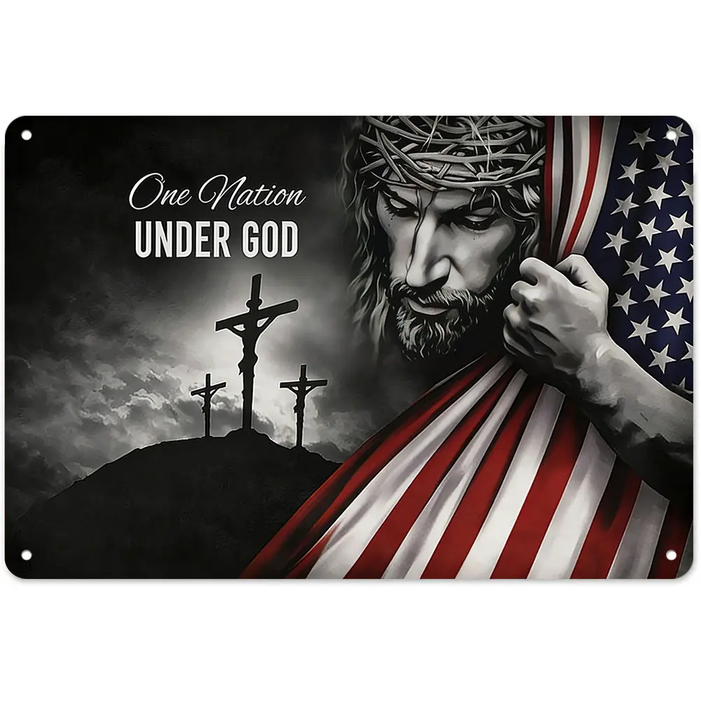 8x12 in Antique Christian Motif Patriotic Home Sign - Rustic Worn Rust Border, Jesus 3 Cross, 1 Nation Under God American Flag, Lightweight Aluminum Metal Wall Hanging Plaque for Indoor Cabin, Home Decor Gift Idea, Christian Motif Home Signs