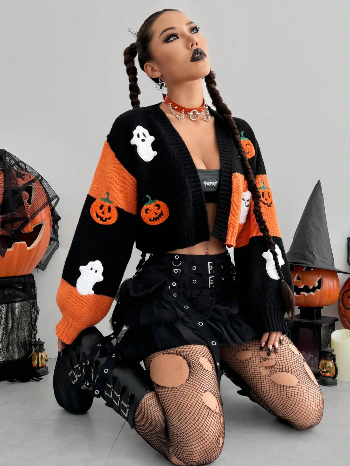 Women's Halloween Colorblock Pumpkin Embroidered Loose-Fit Short Sweater Cardigan, Casual Fall & Winter Knitwear, Moderate Fabric Thickness, Cardigans Sweaters, Embroidery
