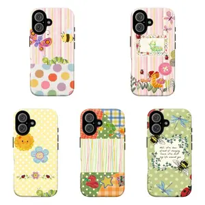 Cute Pastel Bug & Caterpillar Scrapbook Phone Case|Patchwork Plaid, Stripes & Dots with Ladybug & Dragonfly Art For iPhone 17 Pro Max 16 15 14 13 12 11 for Samsung S21 S22 S23 S24 S25 S26 Phone Case|Tough Phone Case|Best Gift