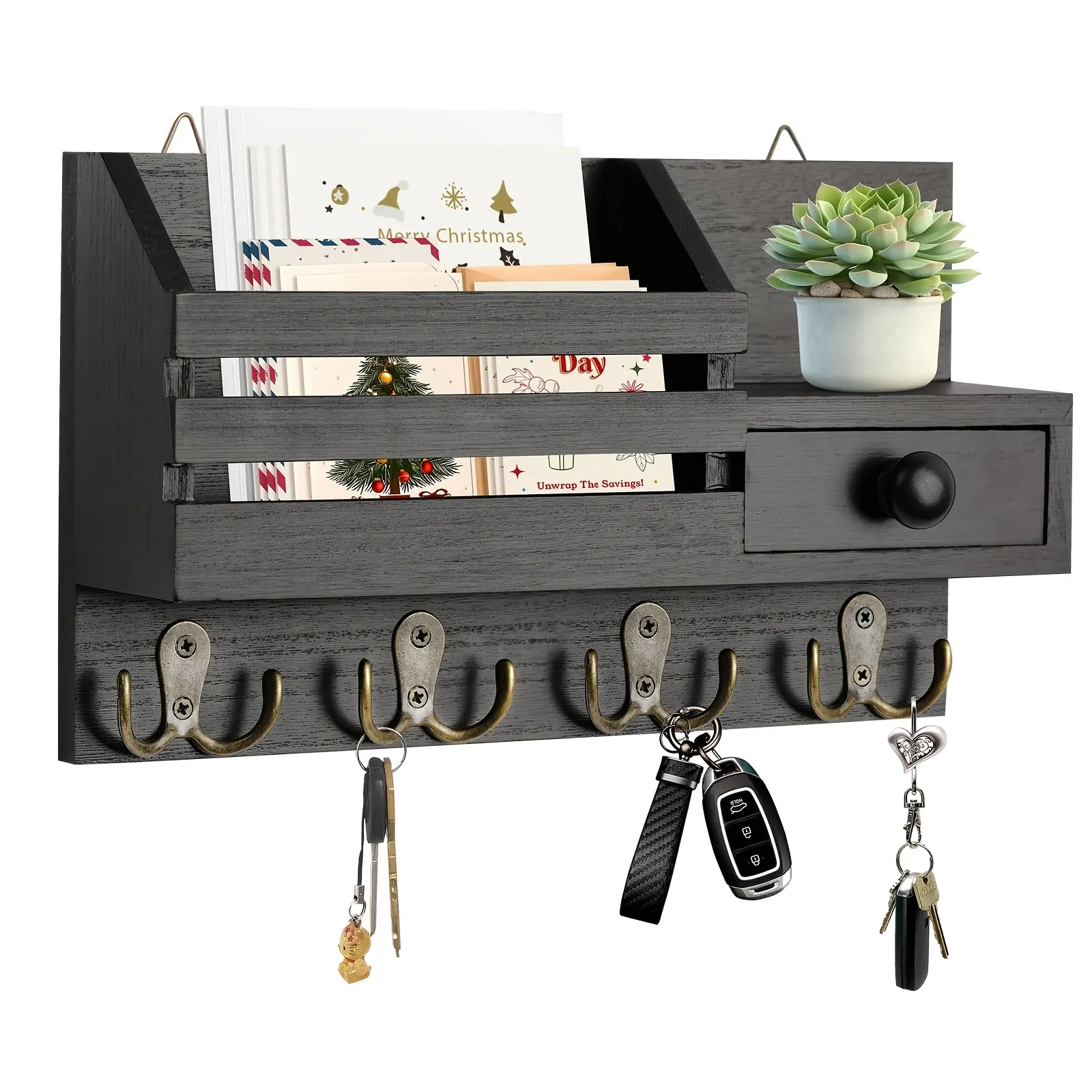 Wooden wall key hanger, hook, mail organizer with drawers, rustic entrance home decor