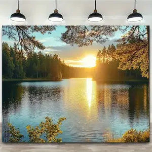2D flat effect, 1 piece of realistic 2D flat lake scene sunset wallpaper--quiet pine forest with reflected lake water, calm lake shore design, suitable for room decoration, wedding/party background, Christmas decoration--self-adhesive for easy application