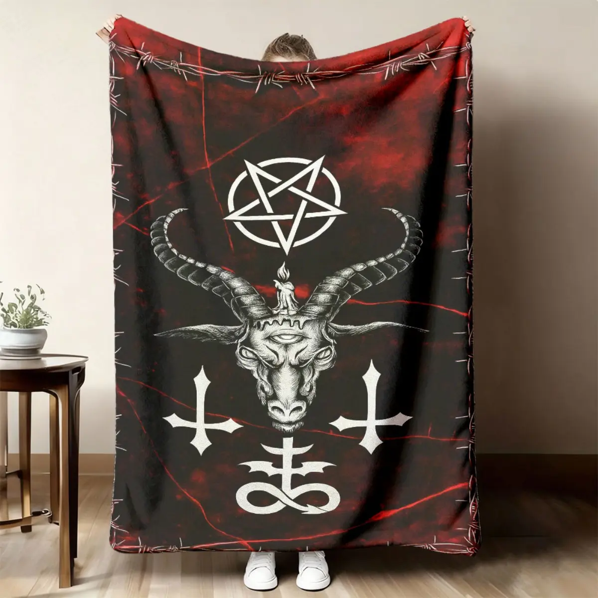 Baphomet Goat Head Inverted Pentagram Inverted Cross Dark Red Grunge Flannel Throw Blanket Occult Gothic Spooky Warm Blanket Gift Fans All Ages