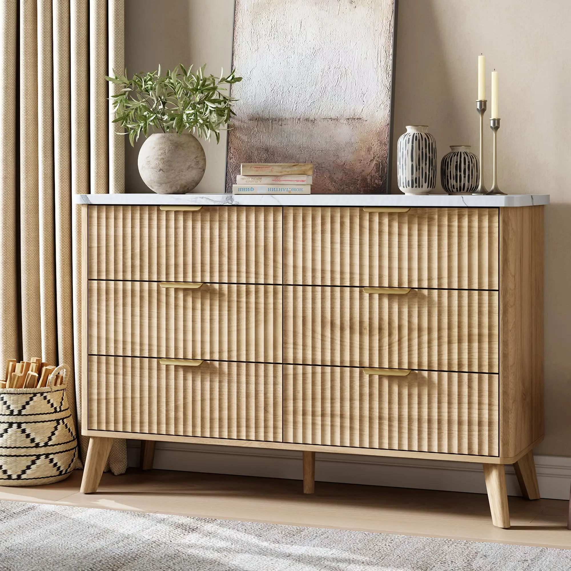Garvee Fluted Dresser with 6 Deep Drawers, 47.2 in Tall Chest of Drawers Featuring Faux Marble Top and Curved Profile Design, Modern Wooden Dresser for Bedroom, Living Room, Hallway in Natural Oak Finish