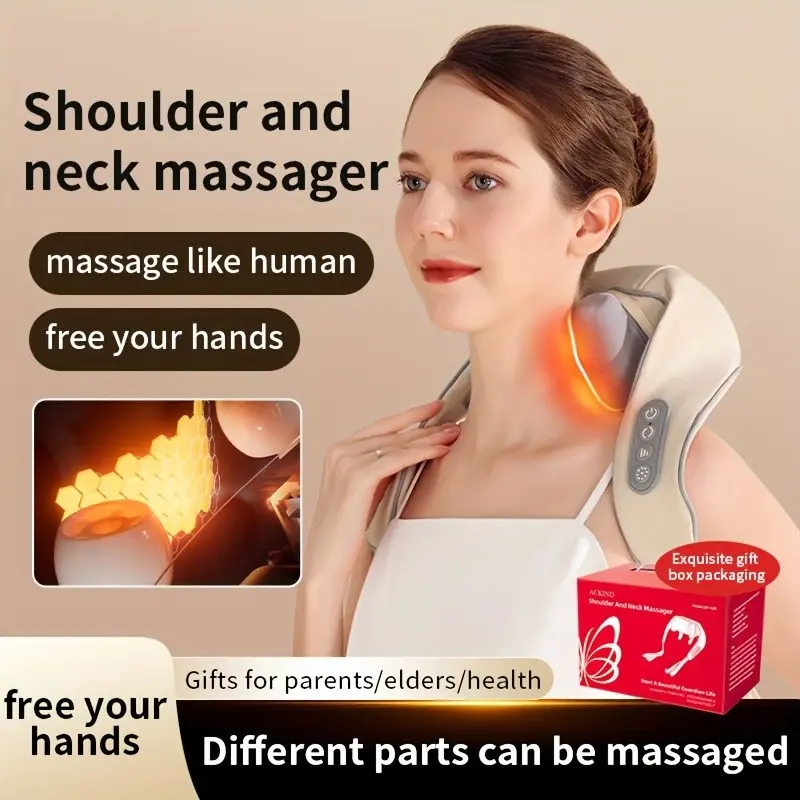 Wireless shoulder and neck massager, neck/shoulder/back/calf multi-part massage, 6 massage heads, two-way kneading +hot compress, 45° golden angle, portable home office travel, removable and washable cloth cover.