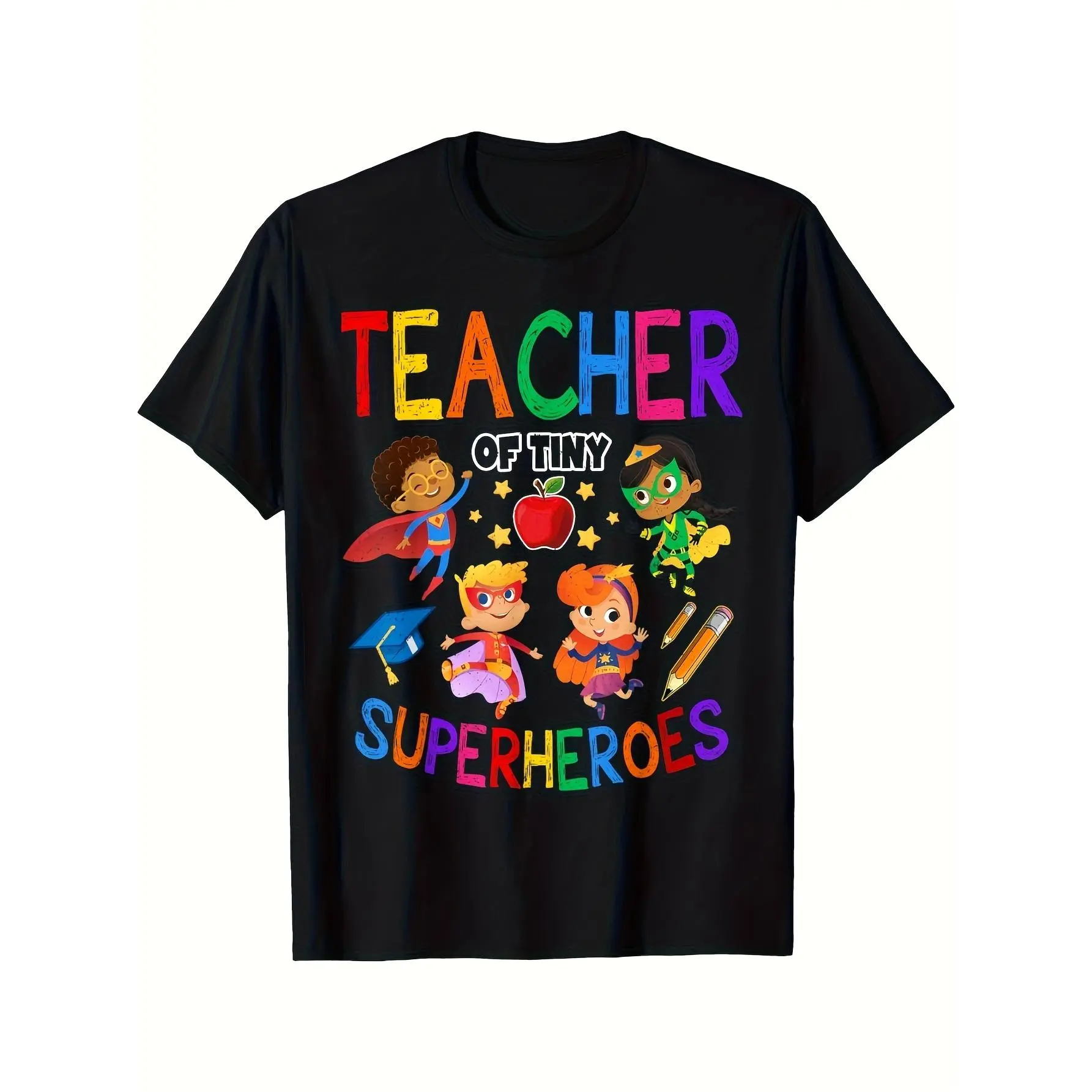 Men's Round Neck Cotton T-Shirt - Kindergarten Prek Tiny Superheroes Teacher Apparel, Back to School/Teacher Appreciation Gift, Basic Print Streetwear