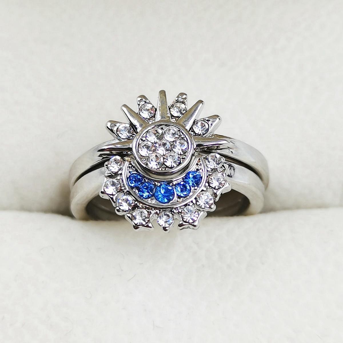 European American Simple Shiny Sun Moon Blue Inlaid Crystal Celestial Couple Stackable Ring Set