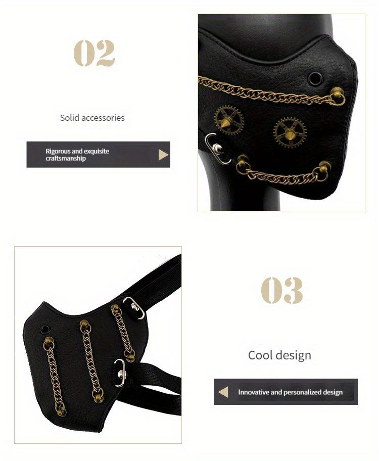 Cyberpunk and Steampunk Style Adult Faux Leather Mask with Gold Chain - Fashionable, Avant-garde Halloween Party Accessory, Adjustable Shoulder Strap, Design Options, Halloween Costume
