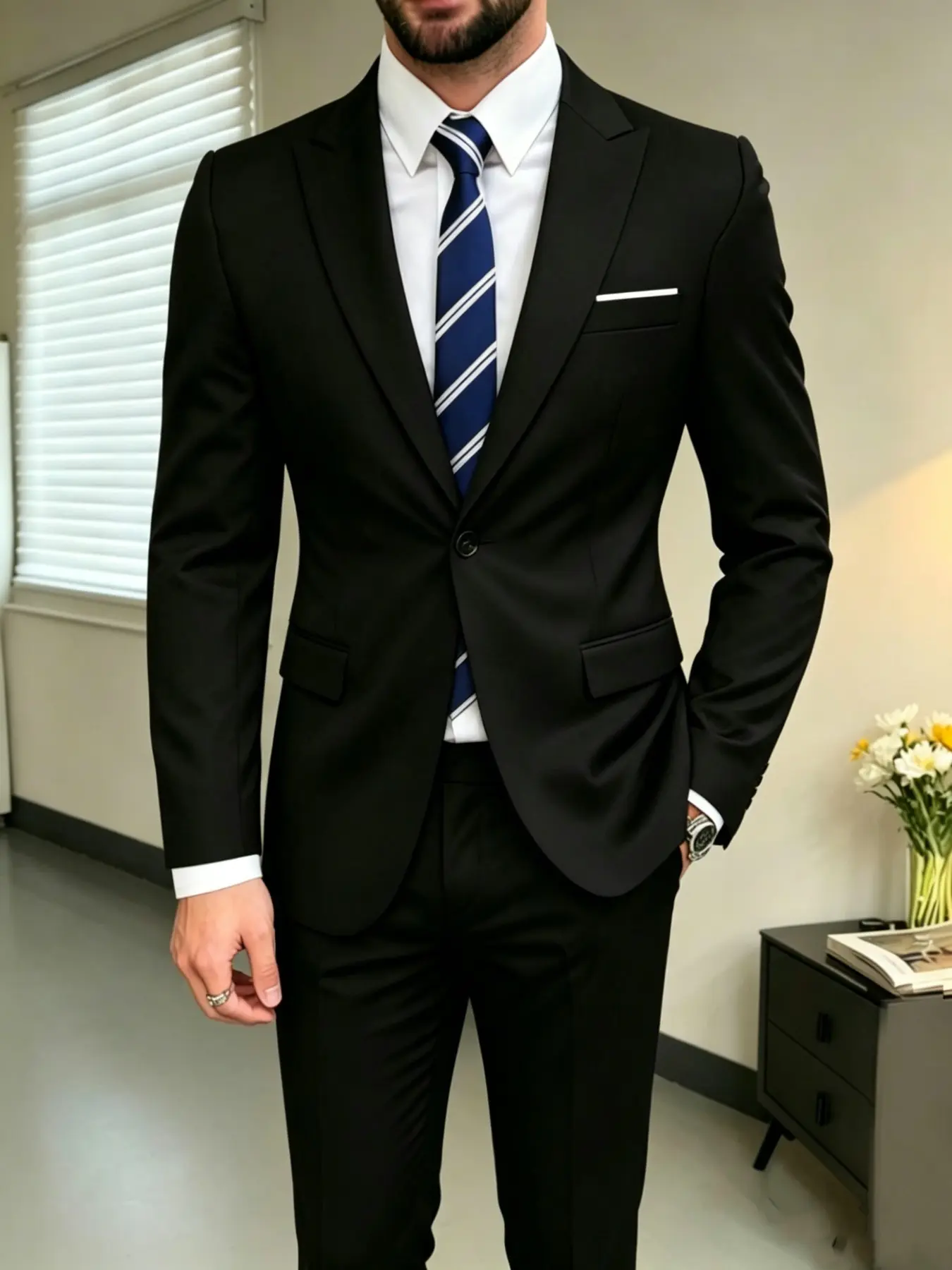 Men's Suit Set Business Formal Casual Blazer and Pants, Business Suits Set, Slim-Fitting Plain Pattern, Suitable for All Seasons, Commute, Weddings, Parties