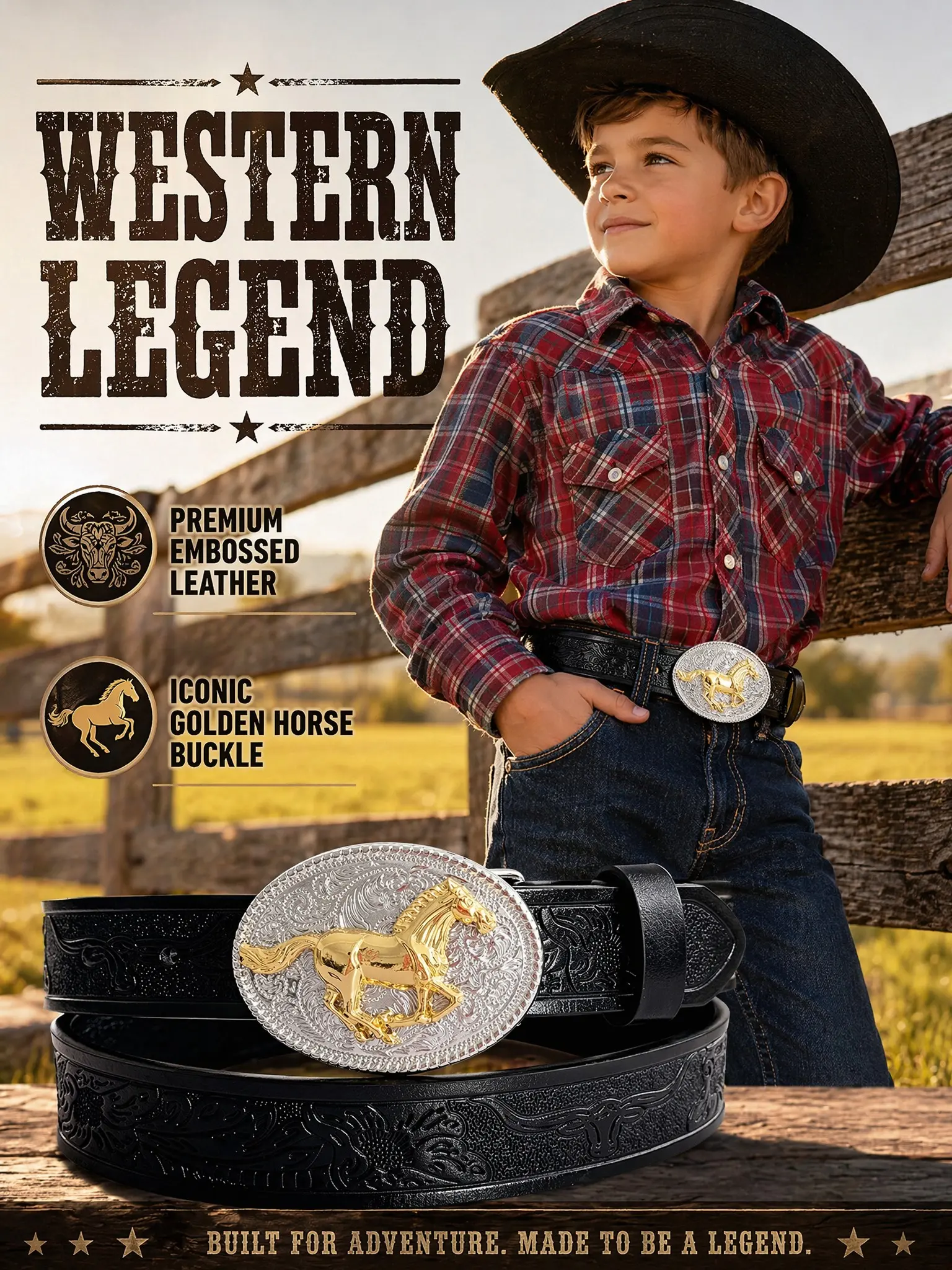 Western Cowboy Belt for Kids and Adults, Cool Belts, Vintage Design with Horn and Horse Accessories, Perfect for Daily Wear, Decorative Belt