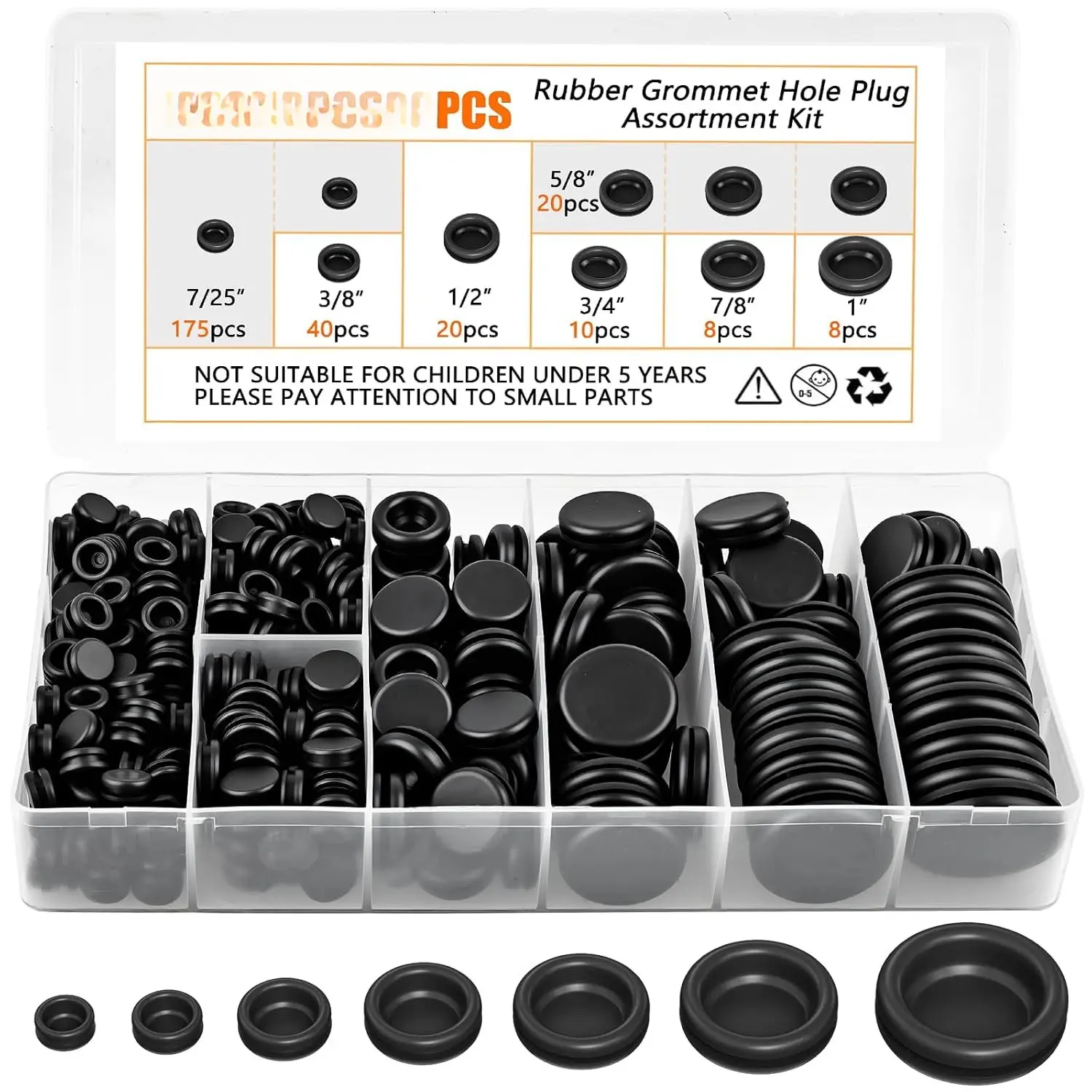 PSHZZ 280 count Rubber Grommet Kit, Rubber Hole Grommet Gaskets  for Wiring, Wire, Automotive, Firewall, Sheet Metal, Hardware Repair, 7 Sizes 7/25", 3/8", 1/2", 5/8", 3/4", 7/8", 1"