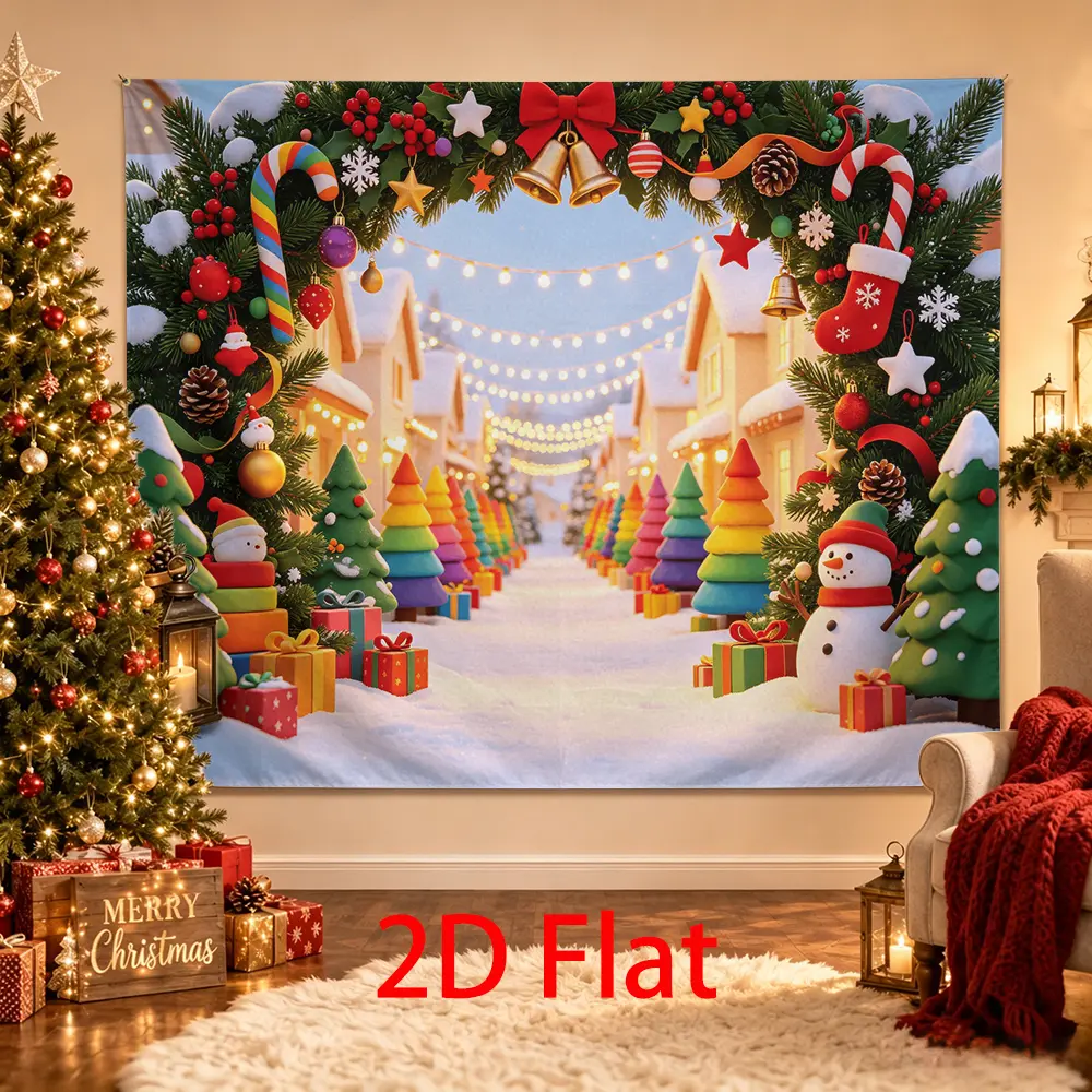 Colorful Christmas Village Backdrop, Kids Holiday Photography Background with Snowman, Candy Canes, Bright Trees, Gifts and Snow