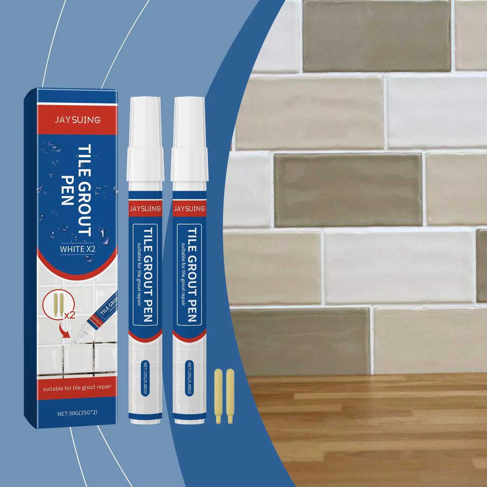 Jaysuing Tile Grout Pen White (2-Pack, 50g) - Waterproof Grout Repair Marker with 2 Replacement Nibs, Fast Drying Grout Cleaner and Refresher for Shower, Bathroom, and Kitchen Tiles