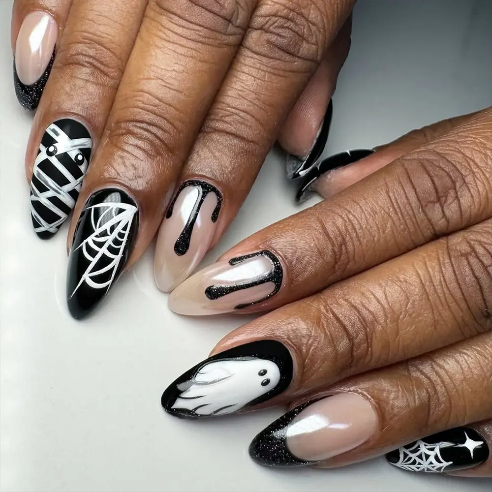 Halloween 24pcs Short Oval Press-On Nails, Ghost Spider Mummy Designs, Acrylic Set Includes Jelly Glue and Nail File, Medium Square Shape
