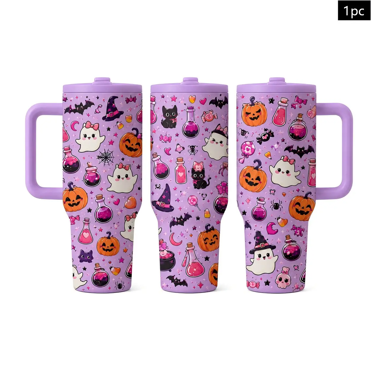 1PC 40oz Cute Purple Halloween Ghost Pumpkin Potion Black Cat Pattern Insulated Tumbler with Handle & Leak-Proof Lid, Double Wall Vacuum Travel Mug, Hot 12H Cold 24H, Large Capacity Cup for Men Women, Halloween Birthday Gift