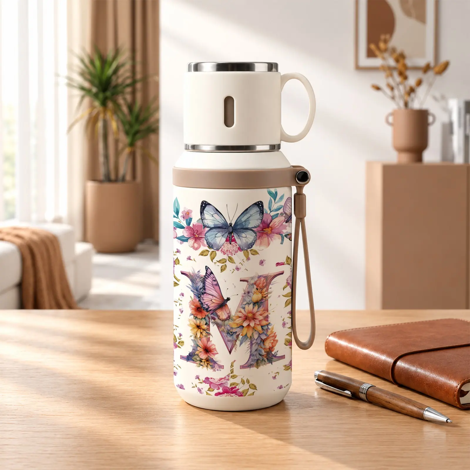 1Pc 600ml insulated mug, double wall vacuum thermal cup, 12h hot, 24h cold, leak proof lid with handle, stainless steel, butterfly floral alphabet A-Z print, personalized initial design, trendy and cute, gift for women, mom, birthday,  Mother's Day gift