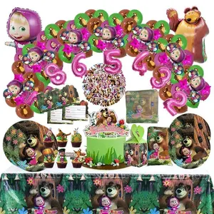 Newest Masha and The Bear Decoration Birthday Ballons Masha and Bear Cake Topper Plates Cups Napkins Gift Bag Box Party Supplies