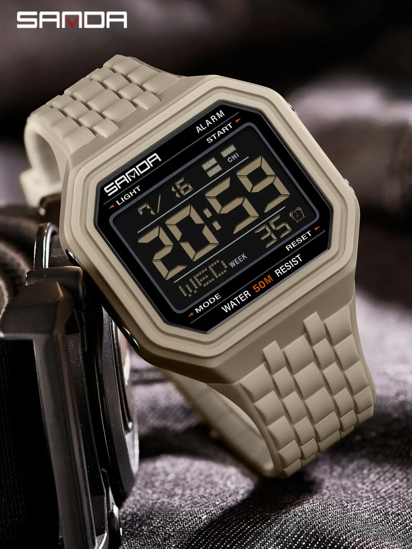 Sanda 6366 Retro Square Sports Electronic Watch, 5atm Waterproof, Night Light Screen, Dual Time Zone, Tpu Strap, Men's Outdoor Fitness Watch