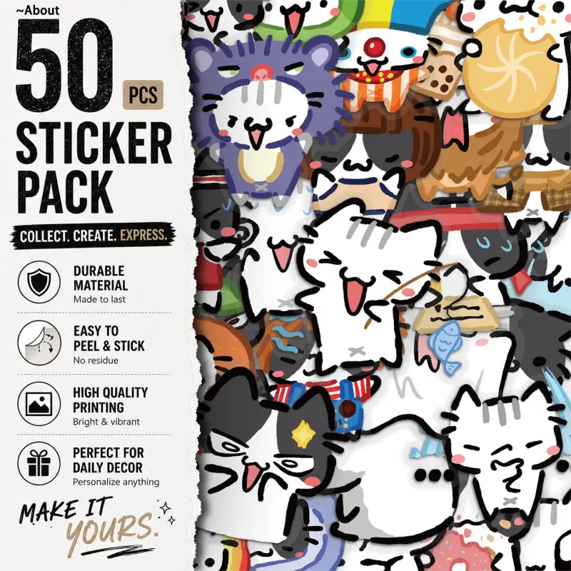 54PCS little cat Aesthetic Vinyl Stickers Pack for Laptop Water Bottle Phone Case Skateboard Journal Scrapbook DIY Decoration