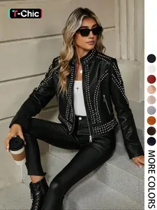 Women's Spring Autumn Jacket, Casual Fitted Long Sleeve, Vintage Stand Collar, Rivet Motorcycle Jacket with Zipper Pockets