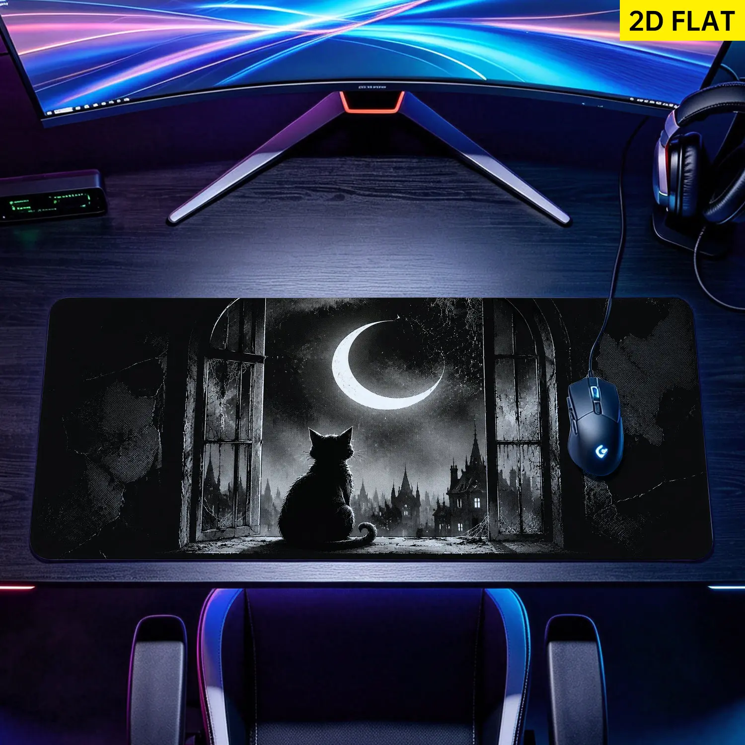 Extra Large black cat under crescent moon Mouse Pad,Non Slip Rubber Pad,Desktop Decoration Drotection Pad,Washable,Lock Edge Multi Size,Premium Multipurpose Mousepad For Home,Office,Gift for Family and Friends