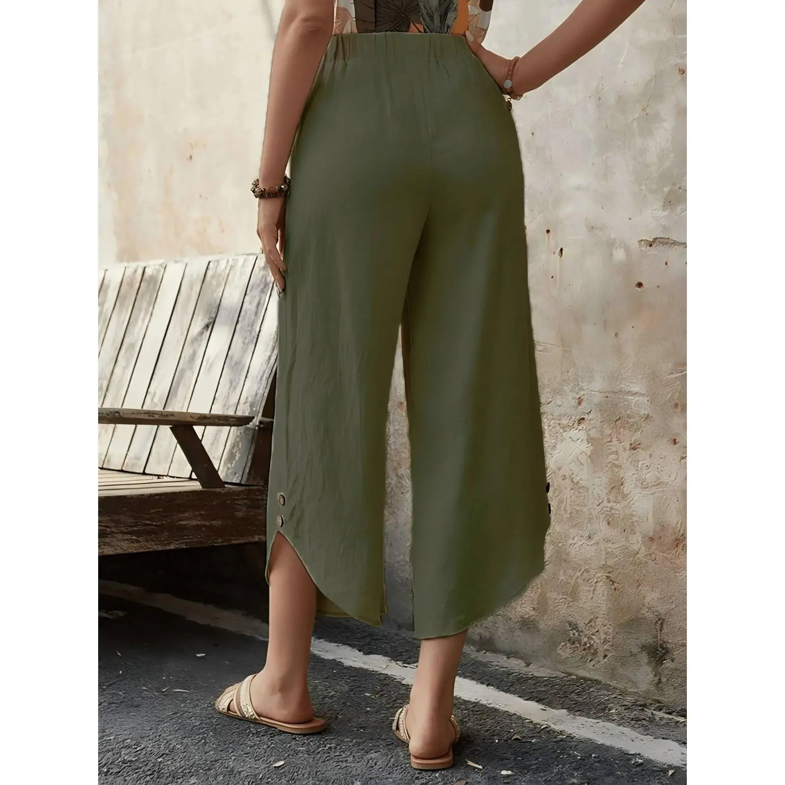 Yesfashion Women's Cotton-Linen Wide Leg Pants - Drawstring Waist, 9th Length, Pockets, Casual Loose Fit, Breathable Summer Bottoms for Daily Wear & Outdoor Use