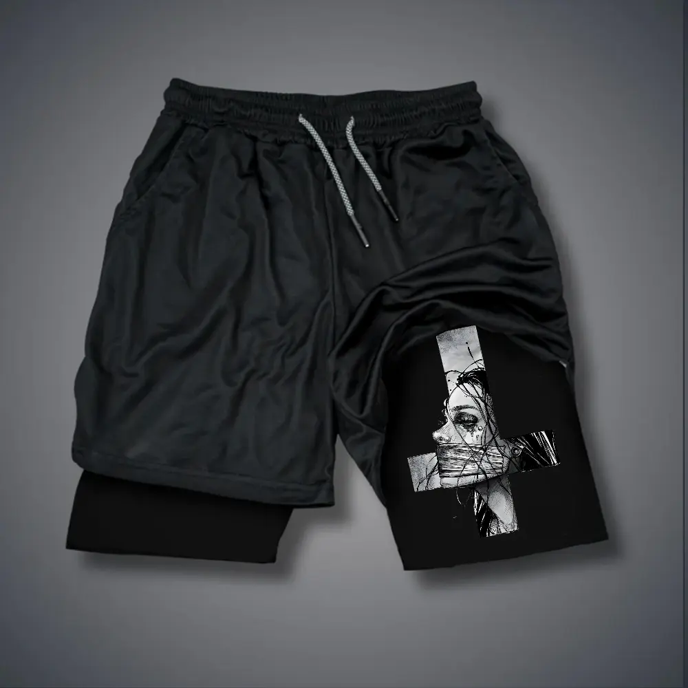 80s 90s Double-Layer Sports Shorts Graphic Shorts Black Camo Streetwear Shorts Men Outfits Men Vacation Outfits Shorts