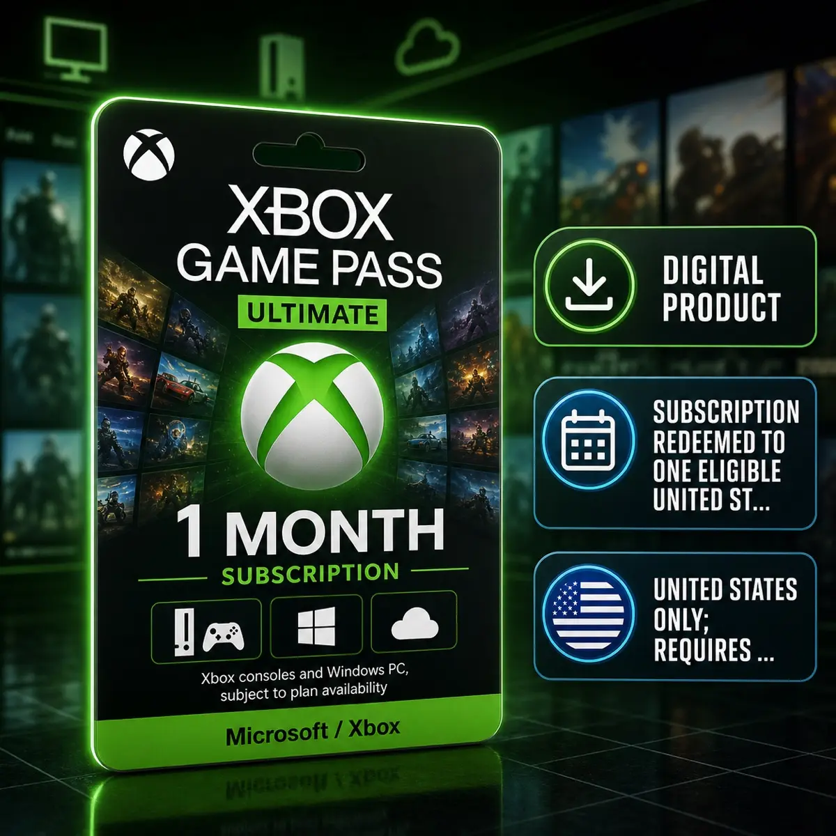 Xbox Game Pass Ultimate — 1 Month Subscription Code, Subscription, Xbox consoles and Windows PC, subject to plan availability, Microsoft / Xbox, United States