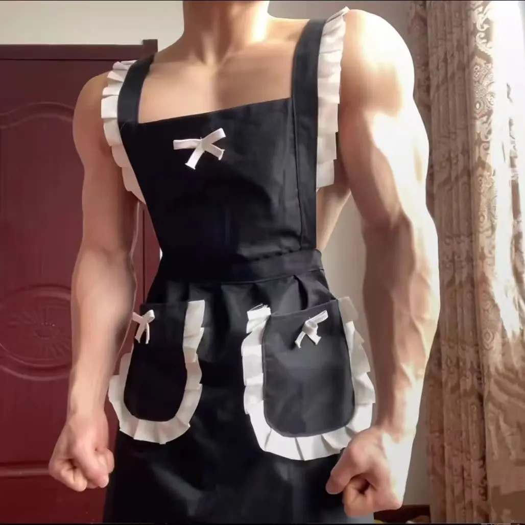 Men's Maid Costume Apron - Sleeveless, Ruffled Lace Trim, Bow Accents, Adjustable Waist, Pockets - Party Cosplay Outfit for Home Kitchen Use, Ruffle Trim
