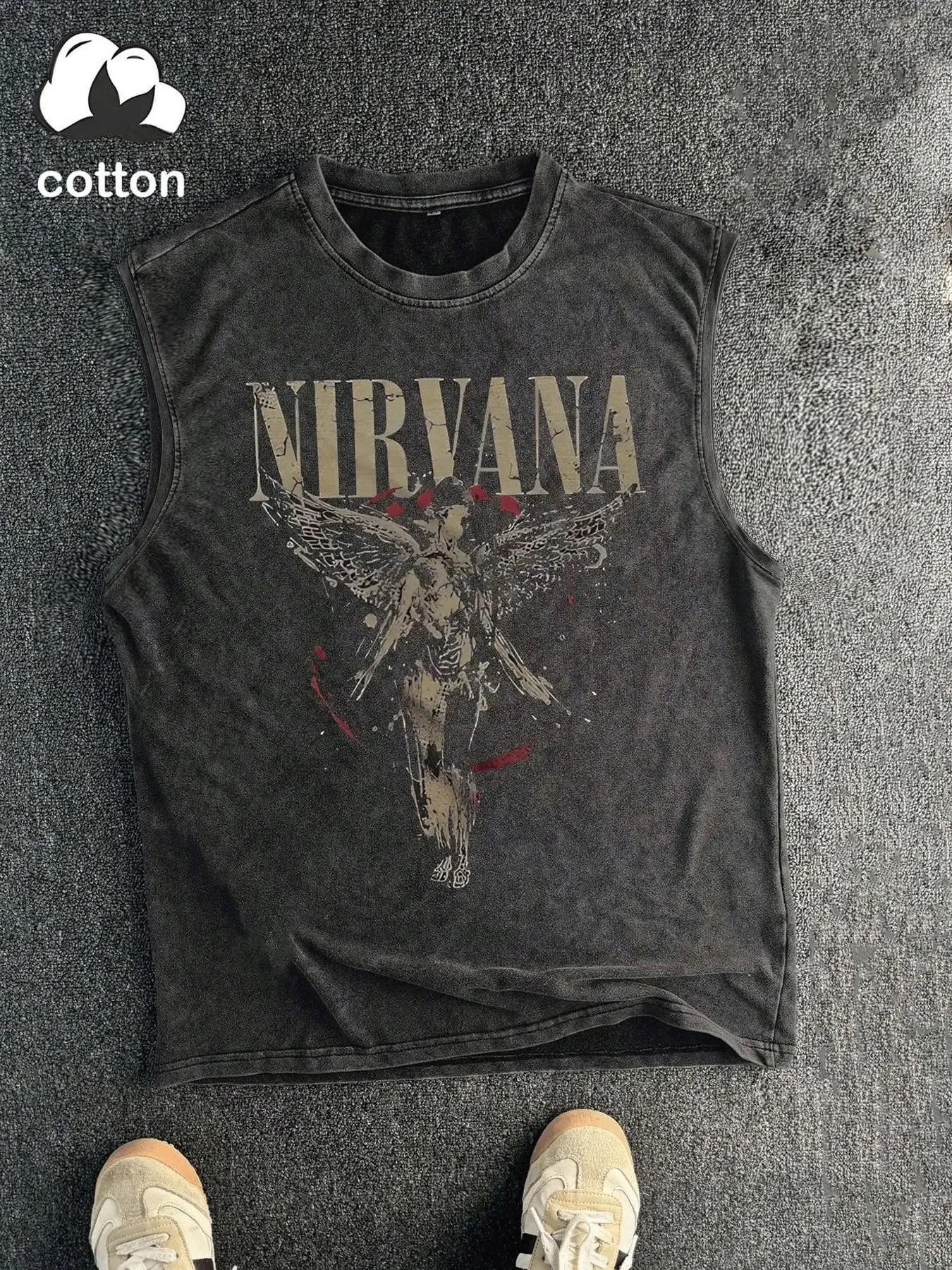 Men's Vintage Washed Nirvana Angel Rock Band Print Sleeveless Cotton Tank, Tank Top Casual, Streetwear Crew Neck Cutoff Muscle Vest, Retro 90s Grunge Punk Band Aesthetic & 100% Cotton Fabric, Daily Streetwear Sleeveless Top for Men