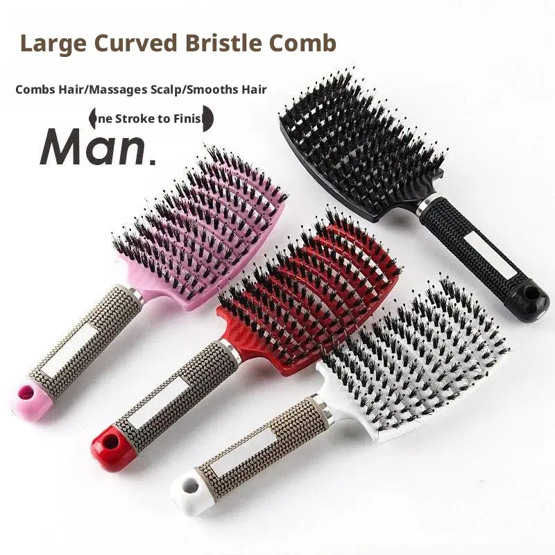 Curved hair root volumizing comb with large curved ribs, smooth hair styling comb, massage boar bristles, rubber-coated hairdressing comb for men and women, for long curly hair