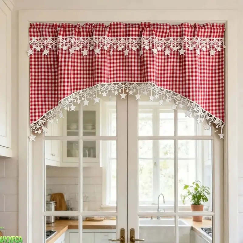 Rustic Gingham Swag Valance with Star Lace Trim, Semi‑Sheer Linen Rod Pocket Curtain, Farmhouse Kitchen Cottage Core Window Home Decor