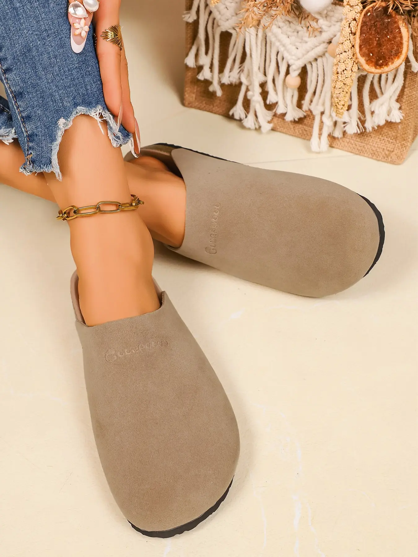 Women's Leather Embossed Logo Clog Mules, Closed Toe Slip-On Flat Sandals, Comfortable Cork Footbed, Casual Outdoor Wear