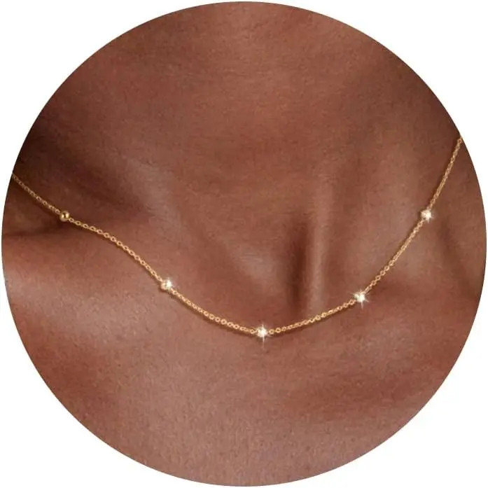 925 Sterling Silver Chain Necklace 16K Gold Plated Beaded Chain Necklace for Women Simple Dainty Choker Necklace Satellite Waterproof Link Necklace Trendy Jewelry Gifts