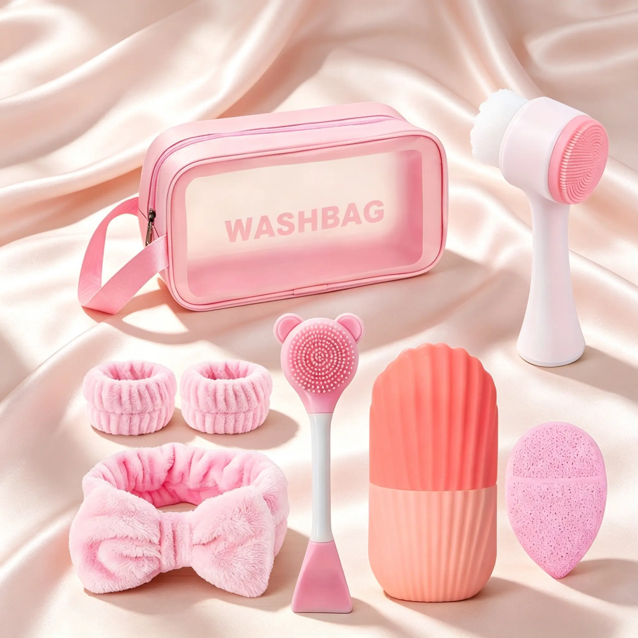 Cute Pink Bathroom Skin Care Accessories Set Portable Clear Wash Bag Makeup Headband Wrist Band Facial Cleansing Brush Travel Shower Organizer Kit For Girls Daily Washing Routine