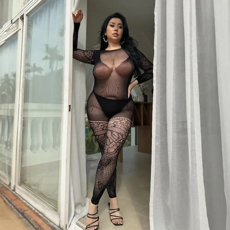 Plus Size Bodysuit for Women, Black Mesh Long Sleeve Top with Lace Hollow-Out Detail, Easy Pull-On Tight-Fit Women's Clothes, Black Mesh Bodysuit, Fashionable Bodysuits